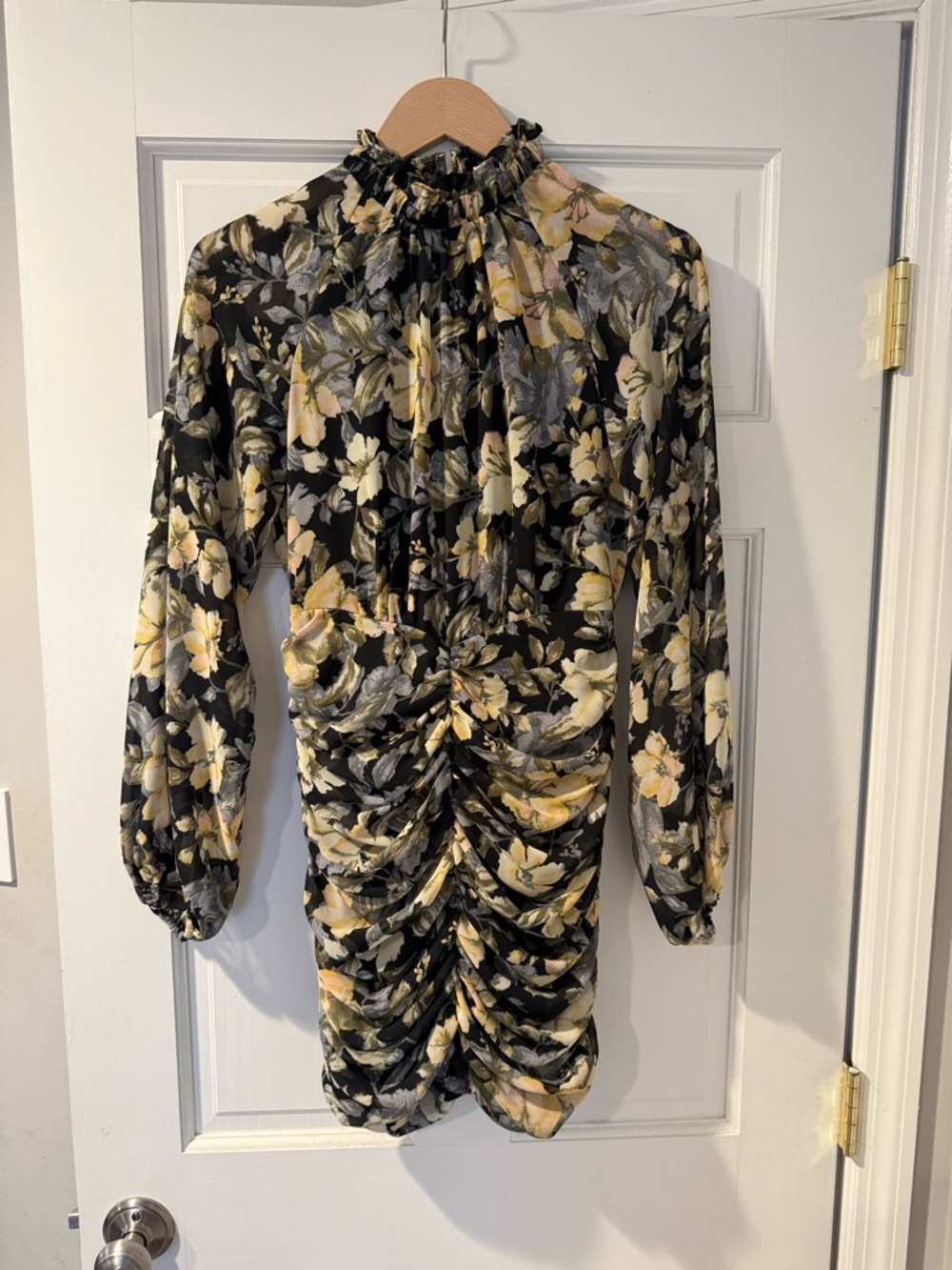 Fate Black Floral Long Sleeve Ruched Mini Dress